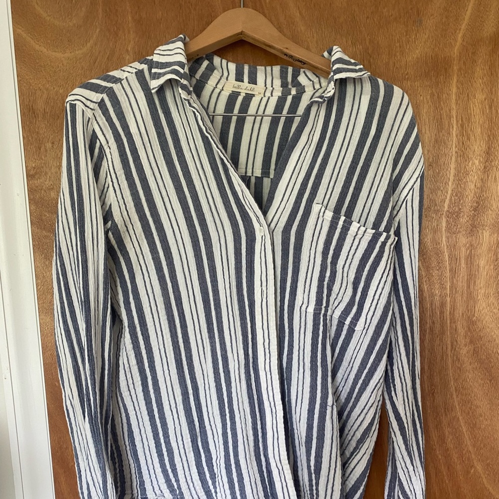 Bella Doll Gauze Striped Button Down/ longer in back and fringe on end/ Size M